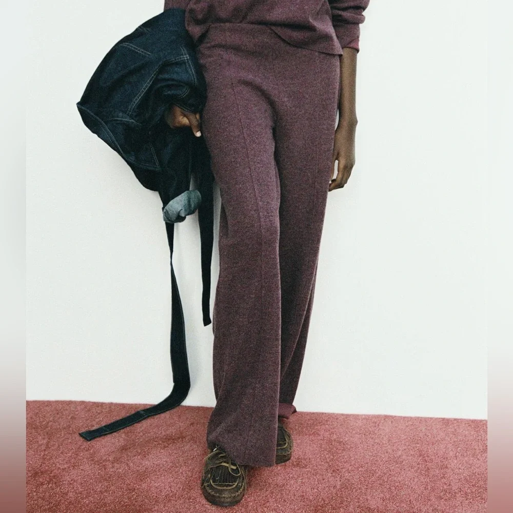 Zara NWT burgundy soft elastic waistband straight leg knit casual pants